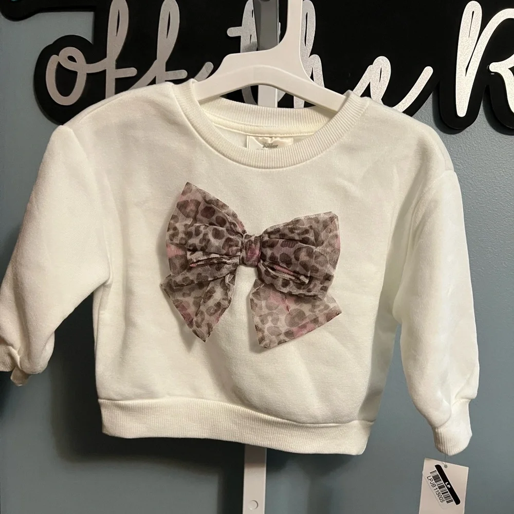Disney Junior Minnie Mouse Tulle Leopard Bow Cream Sweatshirt NWT
